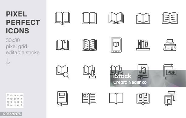 Book Line Icons Set Open Books Dictionary Bible Audio Novel Literature Education Minimal Vector Illustrations Simple Flat Outline Sign For Web Library App 30x30 Pixel Perfect Editable Strokes Stock Illustration - Download Image Now