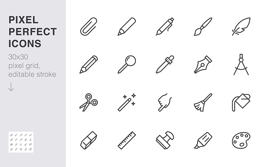 Drawing tools line icons set. Pen, pencil, paintbrush, dropper, stamp, smudge, paint bucket minimal vector illustrations. Simple outline signs for web interface. 30x30 Pixel Perfect. Editable Strokes.