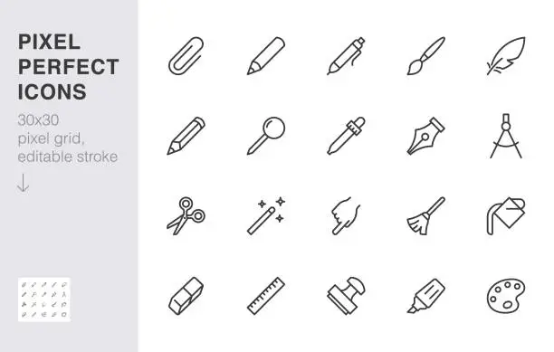Vector illustration of Drawing tools line icons set. Pen, pencil, paintbrush, dropper, stamp, smudge, paint bucket minimal vector illustrations. Simple outline signs for web interface. 30x30 Pixel Perfect. Editable Strokes