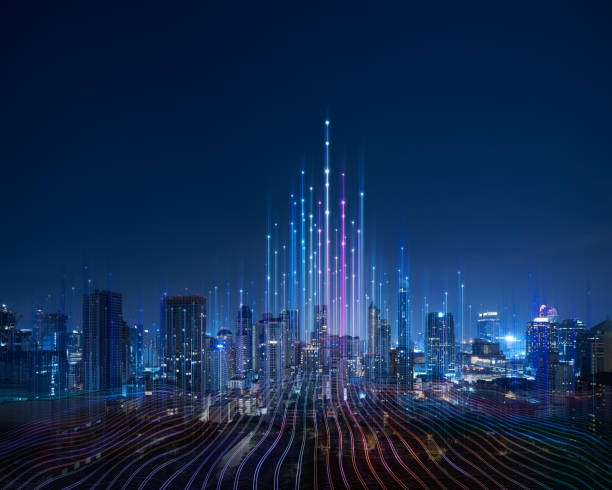 Smart city and abstract dot point connect with gradient line Smart city and abstract dot point connect with gradient line and aesthetic Intricate wave line design , big data connection technology concept . sense of science and technology stock pictures, royalty-free photos & images