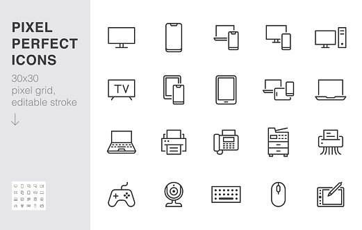 Devices line icons set. Computer, laptop, mobile phone, fax, scanner, smartphone minimal vector illustrations. Simple flat outline sign for web, technology app. 30x30 Pixel Perfect. Editable Strokes.