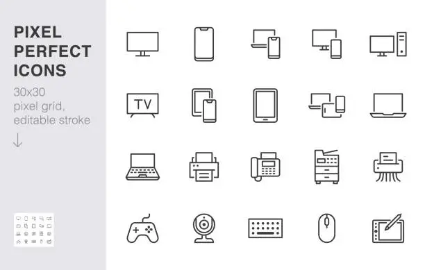 Vector illustration of Devices line icons set. Computer, laptop, mobile phone, fax, scanner, smartphone minimal vector illustrations. Simple flat outline sign for web, technology app. 30x30 Pixel Perfect. Editable Strokes