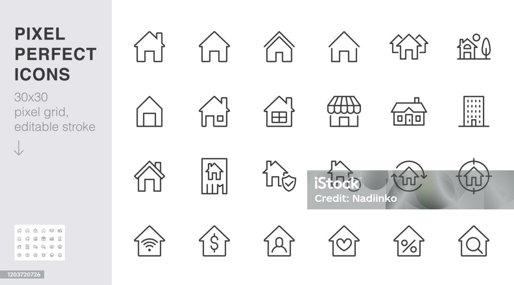 홈 라인 아이콘 설정입니다. 집, 주거 건물, 홈페이지, 재산 모기지 최소한의 벡터 그림. 웹 부동산 응용 프로그램에 대한 간단한 평면 개요 기호. 30x30 픽셀 완벽한. 편집 가능한 스트로크 - 로열티 프리 아이콘 벡터 아트