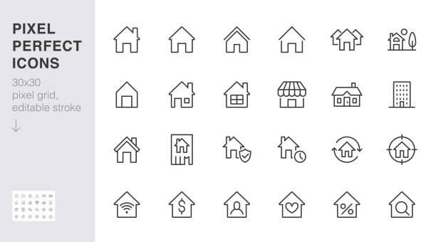홈 라인 아이콘 설정입니다. 집, 주거 건물, 홈페이지, 재산 모기지 최소한의 벡터 그림. 웹 부동산 응용 프로그램에 대한 간단한 평면 개요 기호. 30x30 픽셀 완벽한. 편집 가능한 스트로크 - 집 stock illustrations