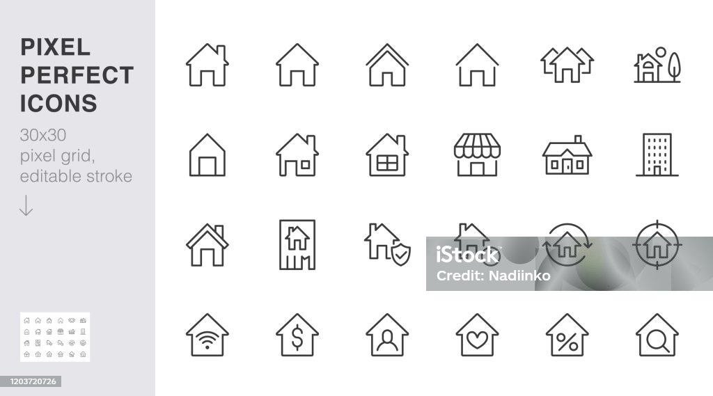Набор значков домашней линии. Дом, жилой дом, домашняя страница, ипотека недвижимости минимальные векторные иллюстрации. Простой плоский з� - Векторная графика Иконка роялти-фри
