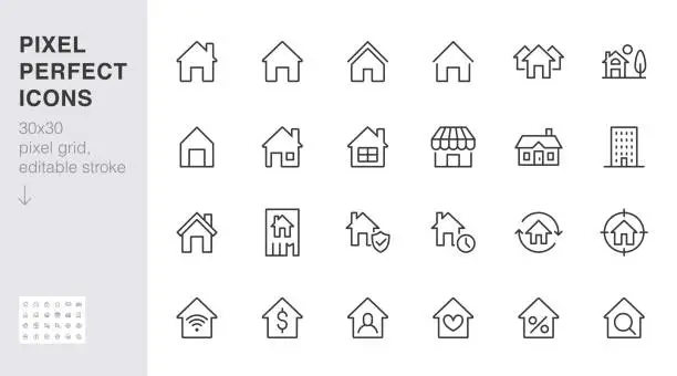 Vector illustration of Home line icons set. House, residential building, homepage, property mortgage minimal vector illustrations. Simple flat outline sign for web real estate app. 30x30 Pixel Perfect. Editable Strokes