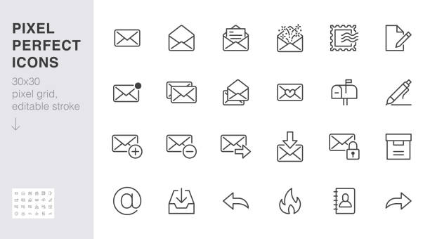 電子メール行アイコンセット。手紙、スパムメール、開いた封筒、郵便切手、メールボックス、新しい文書の最小ベクトルイラスト。ウェブ用のシンプルなフラットアウトラインサイン。30x3 - 封筒 白点のイラスト素材／クリップアート素材／マンガ素材／アイコン素材