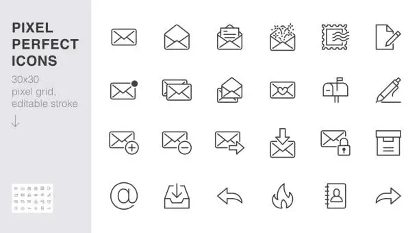 Vector illustration of Email line icons set. Letter, spam mail, open envelope, postage stamp, mailbox, new document minimal vector illustrations. Simple flat outline signs for web. 30x30 Pixel Perfect. Editable Strokes