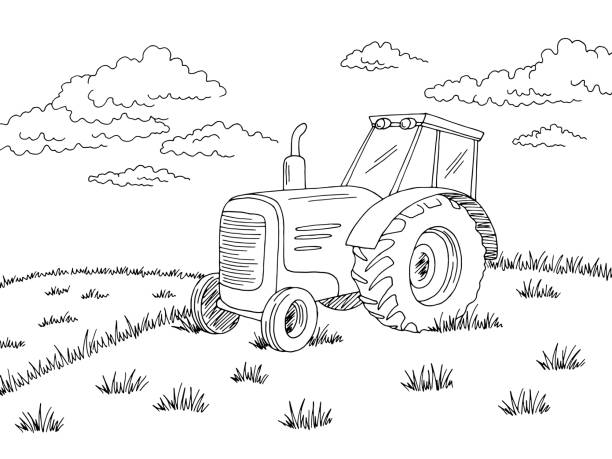 Tractor on the field graphic black white landscape sketch illustration vector Tractor on the field graphic black white landscape sketch illustration vector tractor illustrations stock illustrations