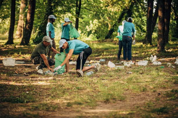 istock Volunteers cleaning garbage together in park 1203722486