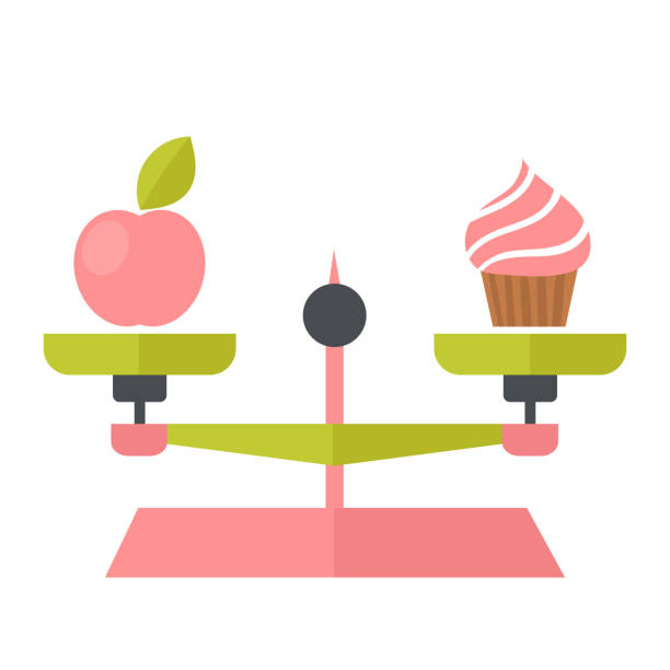 ilustraciones, imágenes clip art, dibujos animados e iconos de stock de una joven hermosa mujer sosteniendo una manzana y un pastel. el concepto de elección. belleza y salud, hermoso cuerpo delgado, dieta. ilustración vectorial overweight.flat. aislado sobre un fondo blanco - dieting weight scale carbohydrate apple