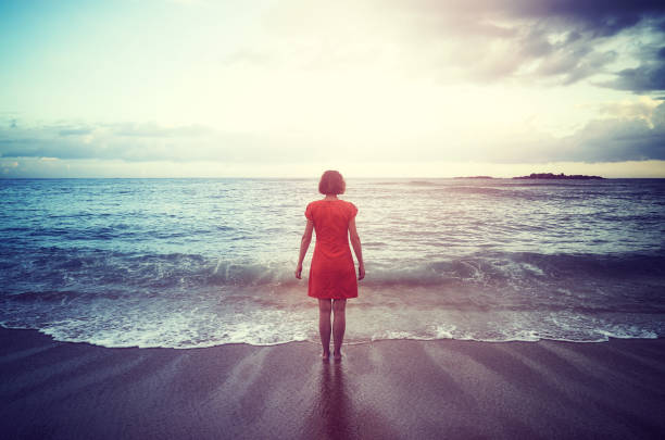 Rear view of a woman standing on a beach at sunset, color toning applied.
