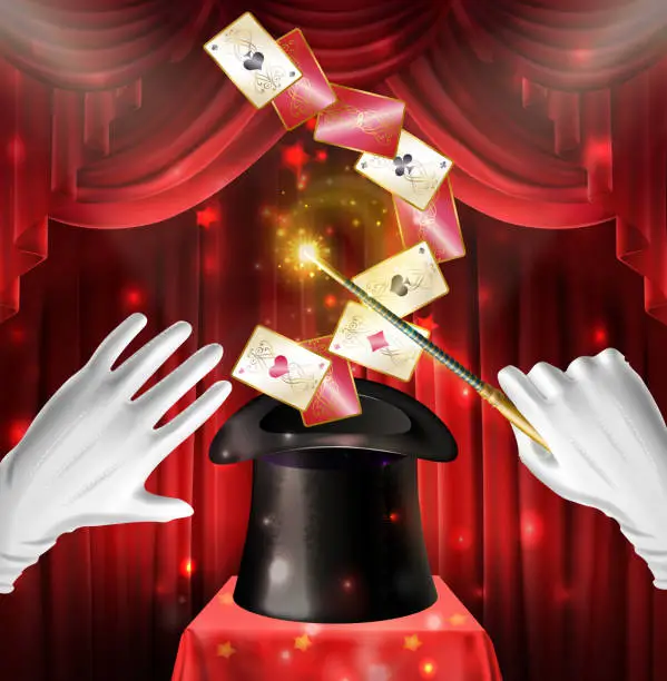 Vector illustration of Magic show trick with cards flying out black hat