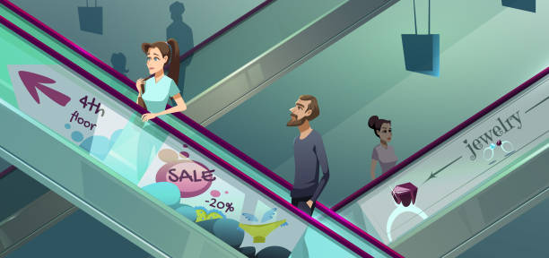 ilustrações de stock, clip art, desenhos animados e ícones de people on escalators in shopping center - escalator shopping mall shopping transparent