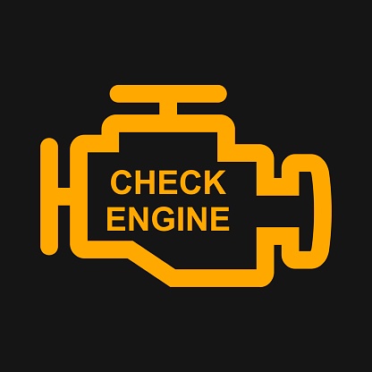 Check engine warning sign isolated in black background. Engine repair