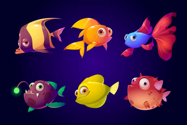 illustrations, cliparts, dessins animés et icônes de poissons de mer, créatures colorées tropicales d’aquarium ensemble - anglerfish sea fish underwater