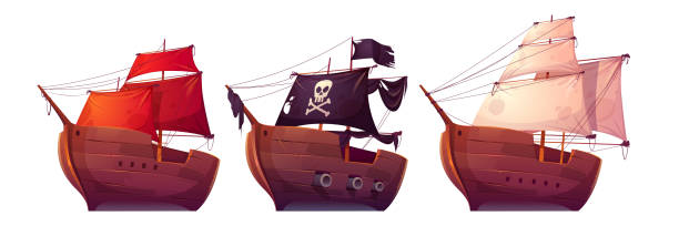 Vector sail boats with white, red and black sails Vector sail boats with white, red and black sails. Pirate ship with black flag, cannons, skull and crossbones on canvas. Cartoon set of old wooden ships, vintage galleons isolated on white background old ship cartoon stock illustrations