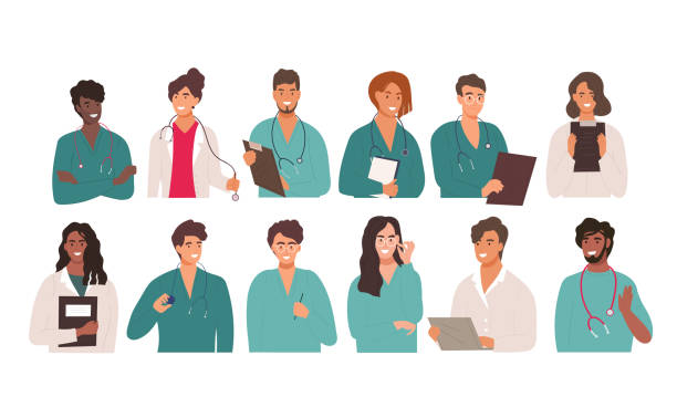 Large set of twelve different multiracial doctors Large set of twelve different multiracial doctors in theatre garb, scrubs, lab coats with men and woman and interns, vector illustration isolated on white doctor illustrations stock illustrations