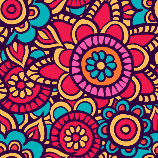 Vector illustration of Floral seamless pattern. Doodle vector background with flowers, leaves. Indian ornament. Colorful oriental design. Vector pattern in mendi style. Paisley.