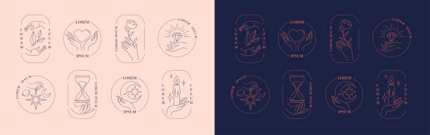 stockillustraties, clipart, cartoons en iconen met reeks emblemen van ingelijste handen die voorwerpen houden - massage