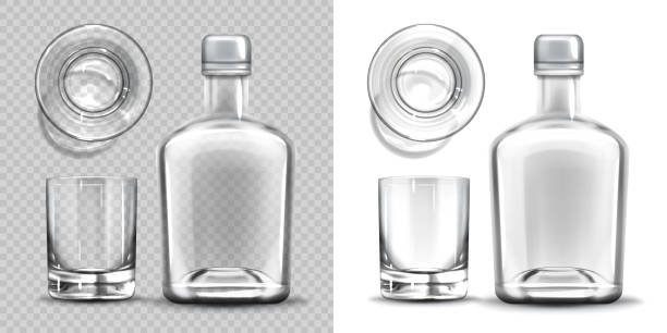 illustrazioni stock, clip art, cartoni animati e icone di tendenza di bottiglia vuota e colpo vetro lato e set di vista superiore. - shot glass