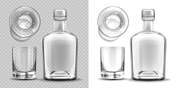 Empty bottle and shot glass side and top view set.