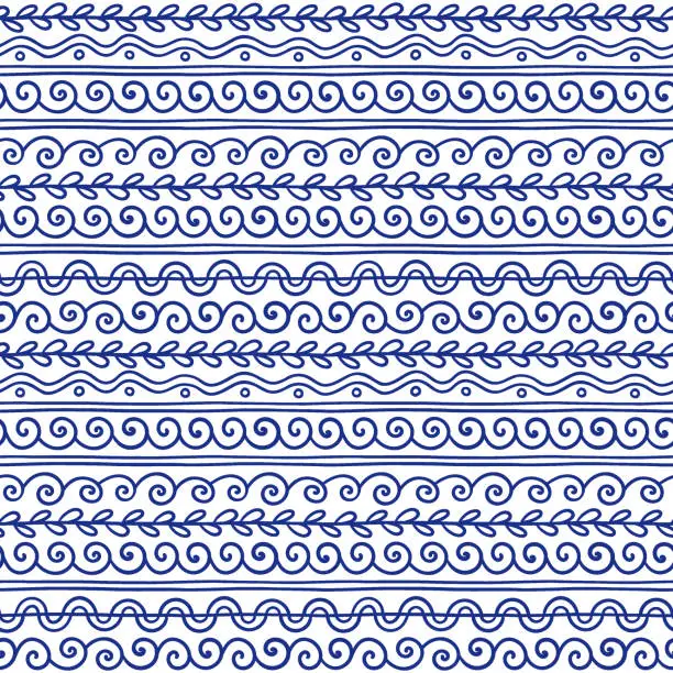 Vector illustration of Vector Greek wave and meander decorative elements set. Traditional seamless vintage ornate elements with Greek patterns, Meander. Seamless vector ornament.
