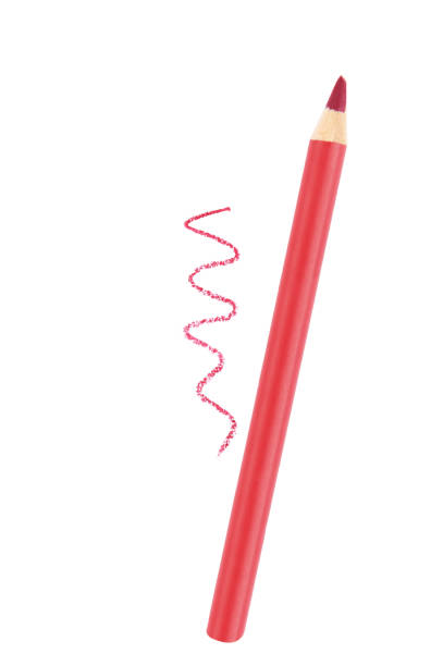 istock Lip pencil with a sample on a white background. Lip liner product, face makeup tool, brush strokes. Female beauty attribute of red color isolated. 1203727680