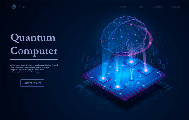 ilustrações de stock, clip art, desenhos animados e ícones de tech background with quantum computer text - computer chip circuit board isometric computer