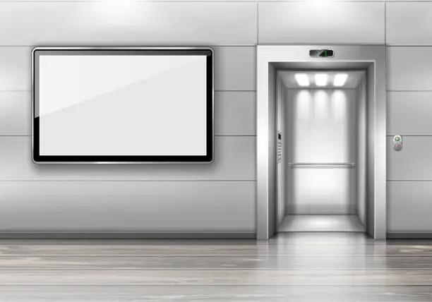Vector illustration of Realistic elevator with open door and TV screen
