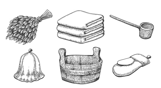 Sauna hand drawn items. Vintage sketch vector sauna illustrations, soft cap and mittens, towels and broom, bucket and wooden bucket