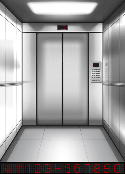 내부에 닫힌 문이있는 사실적인 엘리베이터 캐빈 - elevator push button stainless steel floor stock illustrations