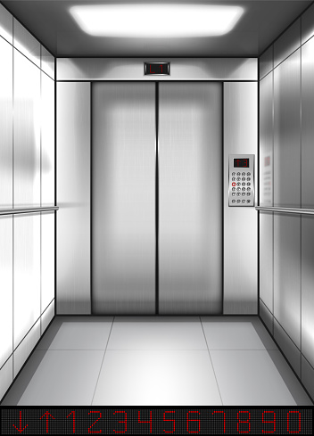 Realistic elevator cabin with closed doors inside view. Empty lift interior with chrome metal buttons and digital panel, office, hotel or dwelling indoors speedy transportation 3d vector illustration