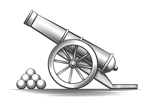 Cannon weapon firing. Antique cannons shooting, vector vintage weapons with cannonballs arsenal isolated on white background