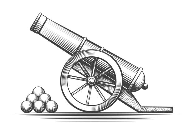 Cannon weapon firing Cannon weapon firing. Antique cannons shooting, vector vintage weapons with cannonballs arsenal isolated on white background cannon artillery stock illustrations