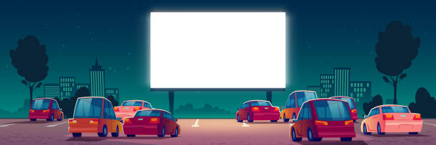 Outdoor cinema, drive-in movie theater with cars Outdoor cinema, drive-in movie theater with cars on open air parking. Vector cartoon summer night city with glowing blank screen and automobiles. Urban entertainment, film festival couple driving at night stock illustrations