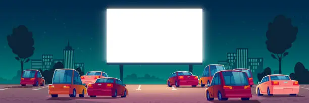 Vector illustration of Outdoor cinema, drive-in movie theater with cars