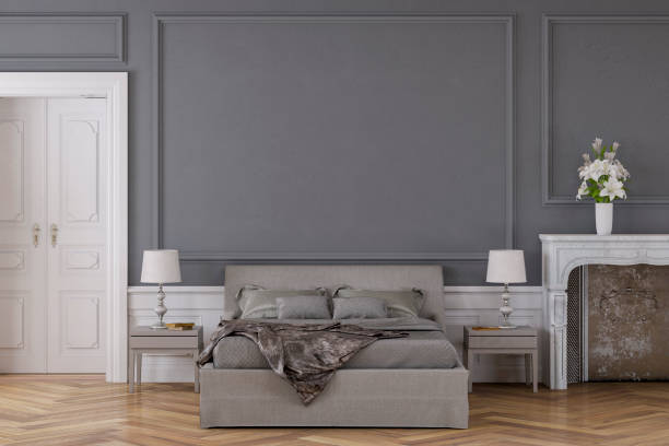 istock Glamour bedroom with decoration and fireplace 1203729909