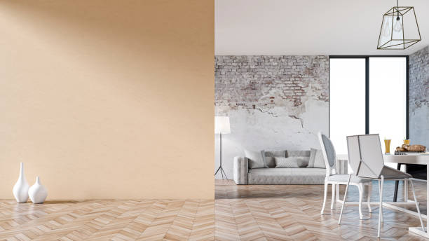 istock Empty living room with sofa, table and chairs - ruined wall 1203731640