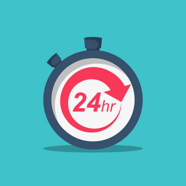 24 Hours. 24/7 service icon. The circular arrow in the stopwatch 24 Hours. 24/7 service icon. The circular arrow in the stopwatch. Vector illustration flat design. Isolated on background. The concept of continuous service. 24 hrs stock illustrations