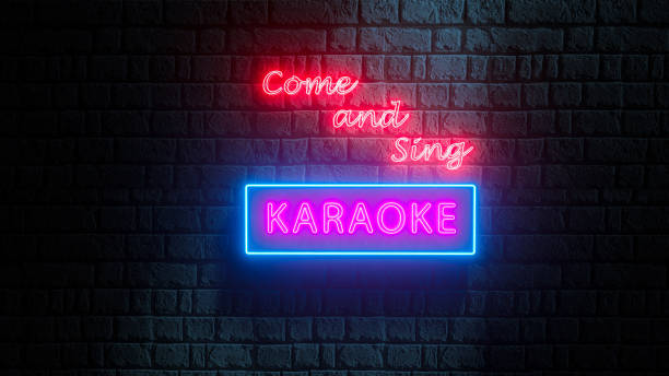 istock Come and Sing Karaoke neon sign on brick wall at night. 3d render 1203731712