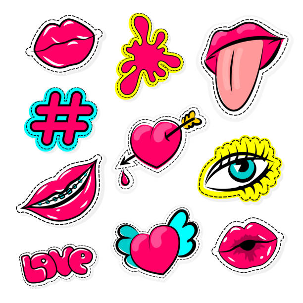 ilustraciones, imágenes clip art, dibujos animados e iconos de stock de moda 90 texto cómico set mujeres parche pins - heart shape wing red vector