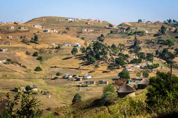 Photo of African village, rural houses apartheid,  bantustan KwaZulu Natal near Durban. Pietermaritzburg South Africa