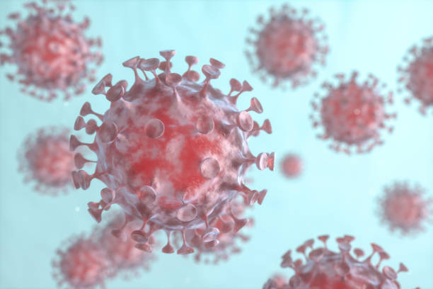 istock Dispersed corona viruses with blue liquid background, 3d rendering. 1203733597