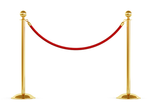 Golden barrier with red rope isolated on white background. Clipping path included. 3d illustration