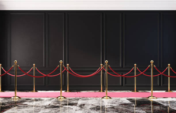 istock Classic luxury interior with black wall and event carpet with golden barrier 1203733693