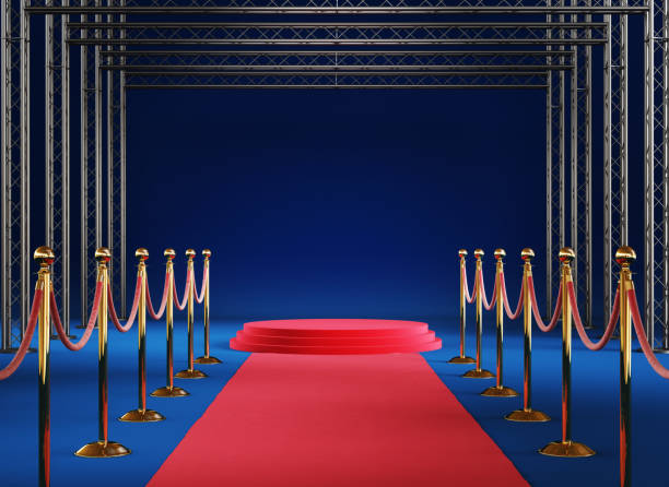istock Golden barrier with podium isolated on blue background. Clipping path included 1203733736