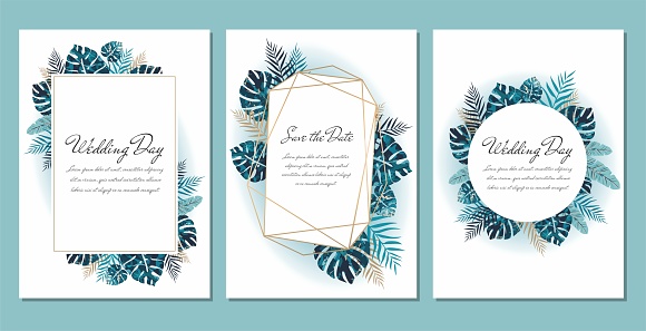 Colorful greeting card with exotic leaves. Vector poster or flyer template