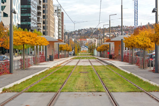 Tram Railway Oslo Tram Line Rails in Oslo City Norway norway autumn oslo tree stock pictures, royalty-free photos & images