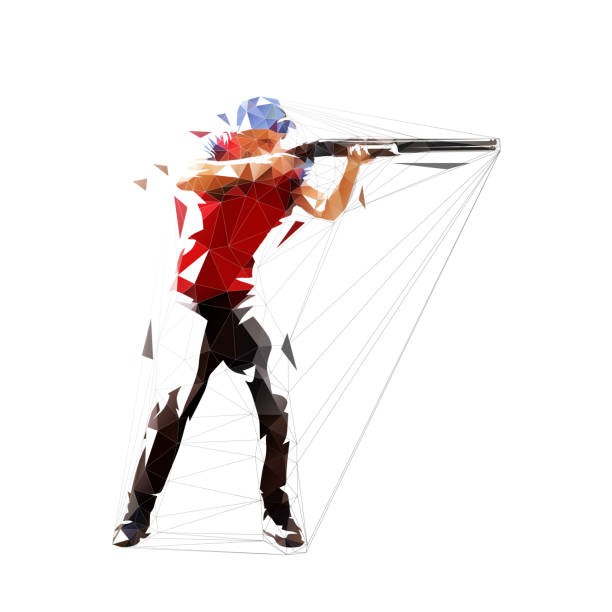 ilustrações de stock, clip art, desenhos animados e ícones de trap shooting, aiming athlete with gun, isolated low polygonal vector illustration - rifle hunting shotgun gun